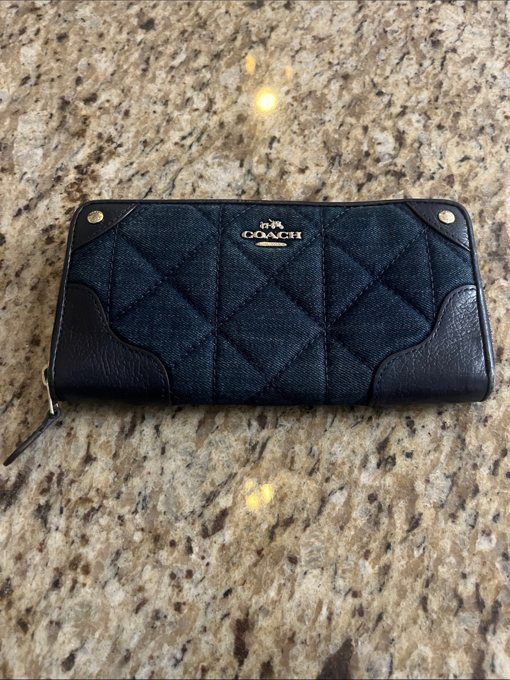 Coach Quilted Denim & Black Leather Zip Wallet with Gold Logo